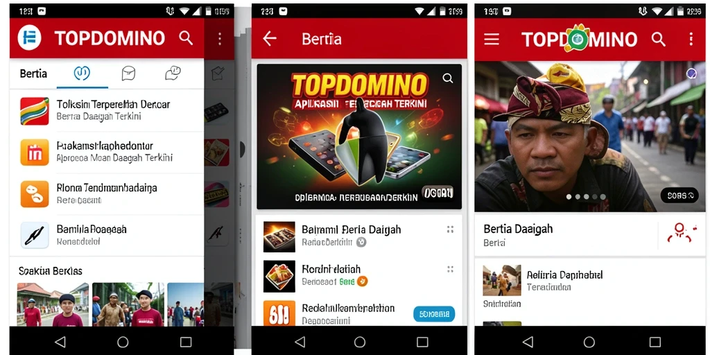 Antarmuka aplikasi TOPDOMINO menampilkan berita daerah terkini dan menarik.